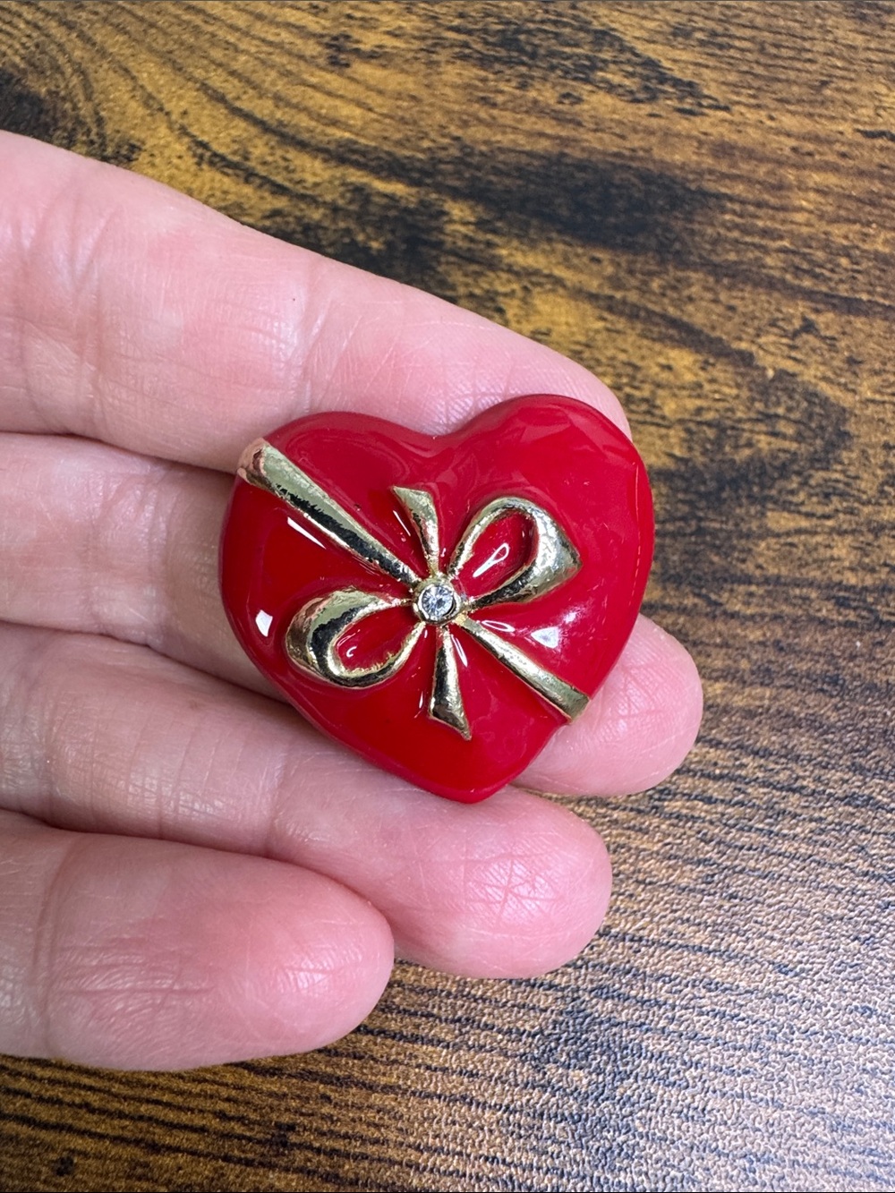 Vintage Red Enamel Festive Heart Brooch with Gold Bow Accent